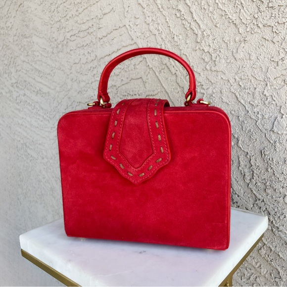 Mehry Mu Handbags - MEHRY MU Red Suede Fey Box Bag Classic Stitched Top Handle Crossbody Bag
